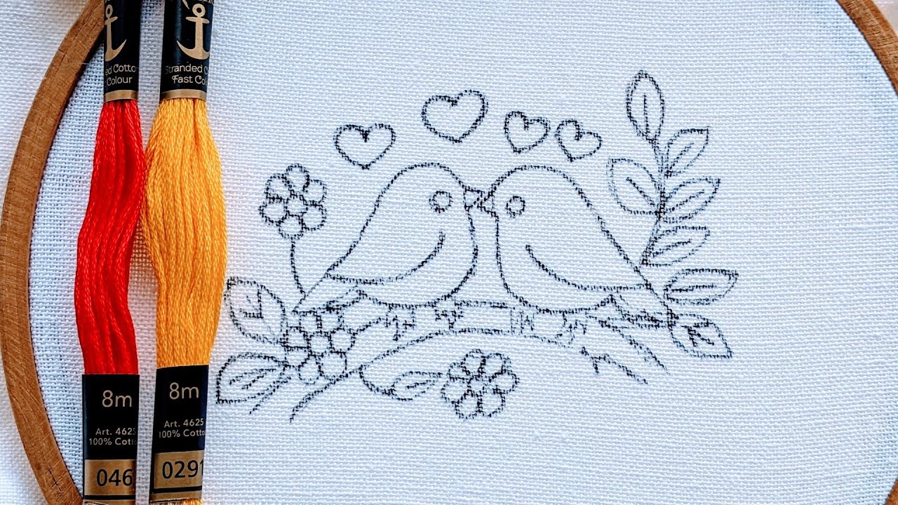 VERY VERY EASY LOVE BIRDS HAND EMBROIDERY DESIGN FOR BEGINNERS