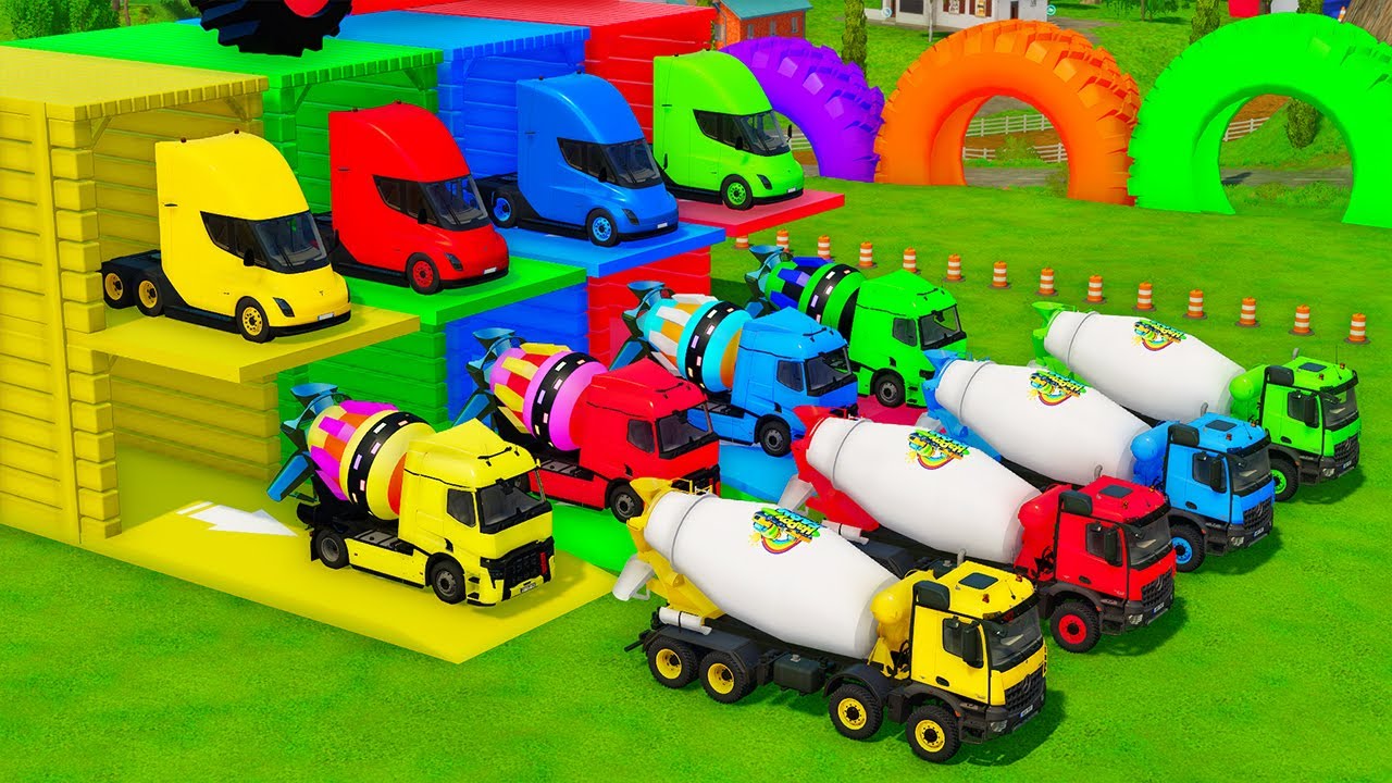 Garage with Colors - ALL MIXER TRUCKS WITH DOUBLE FLATBED TRAILER TRUCKS, IVECO, TATRA, KRAZ - FS22