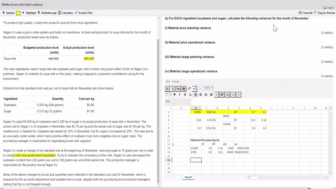 ACCA PM (F5) Advanced Variances - Materials Price and Usage, Vegan Co M/J 2023