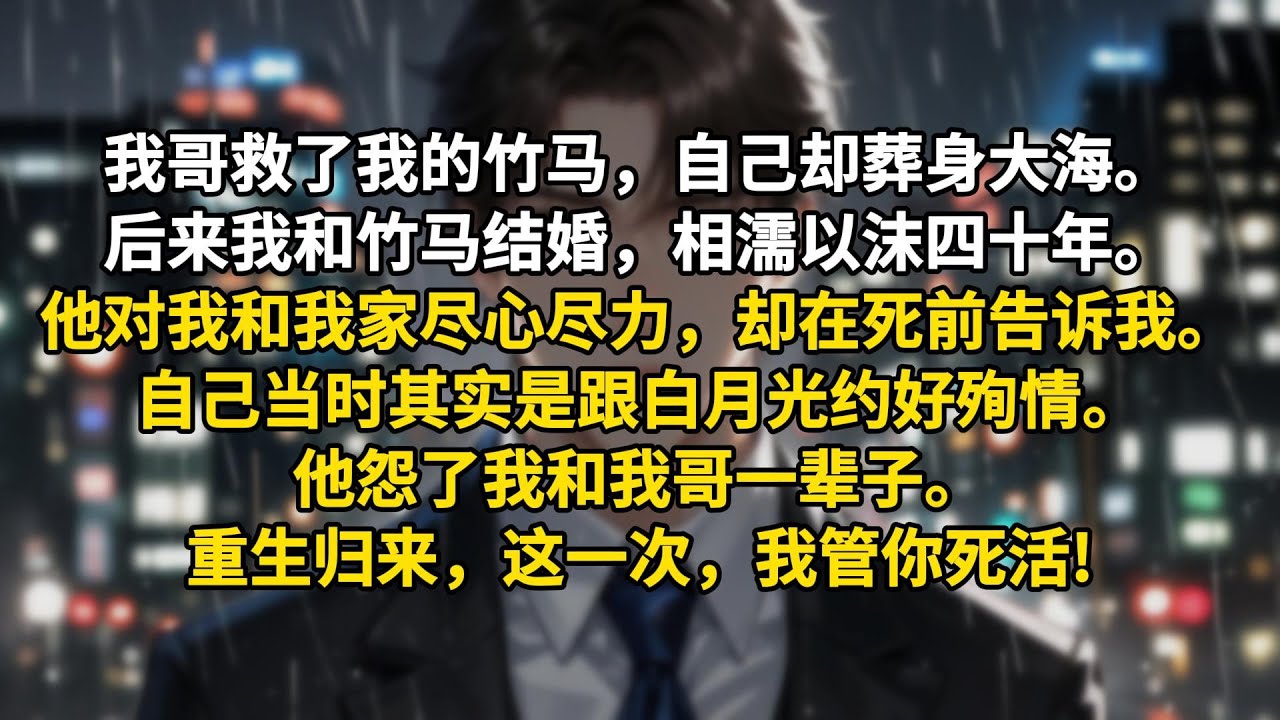 我哥救了我的竹马，自己却葬身大海。后来我和竹马结婚，相濡以沫四十年。他对我和我家尽心尽力，却在死前告诉我。自己当时其实是跟白月光约好殉情。他怨了我和我哥一辈子。重生归来，这一次，我管你死活!
