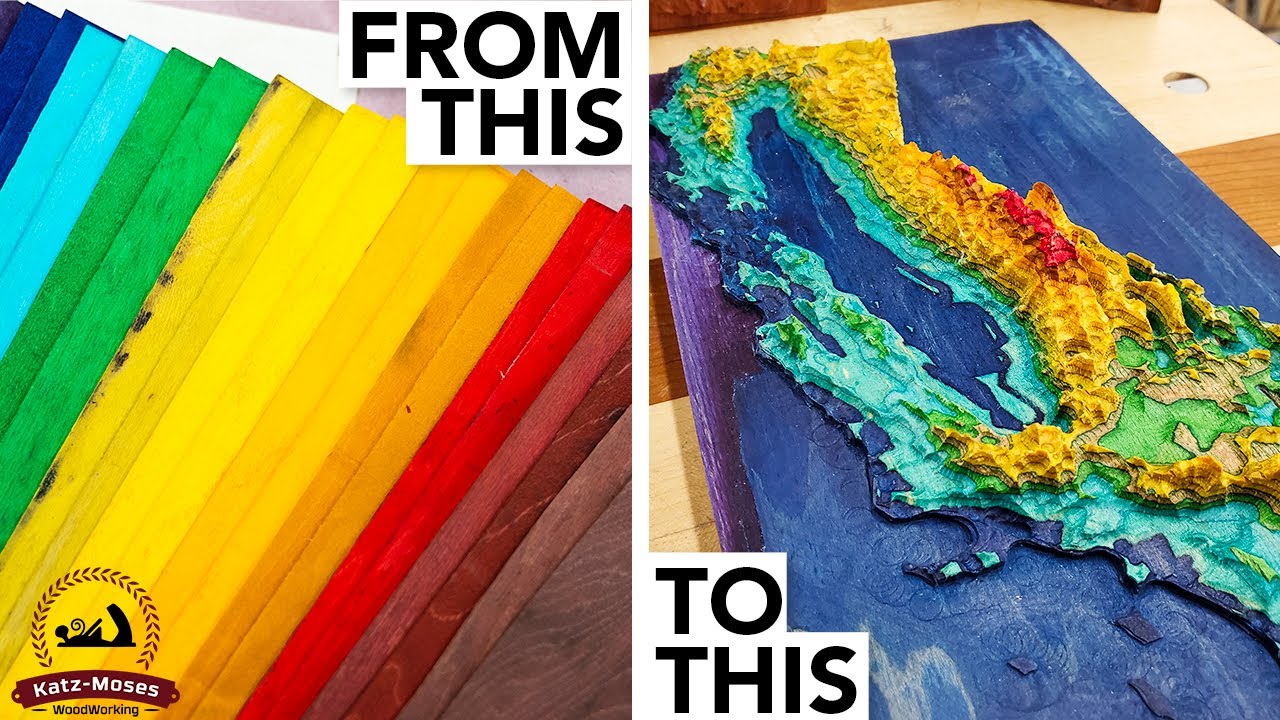 3D Wood Topographical Map made from Dyed Skateboard Veneers