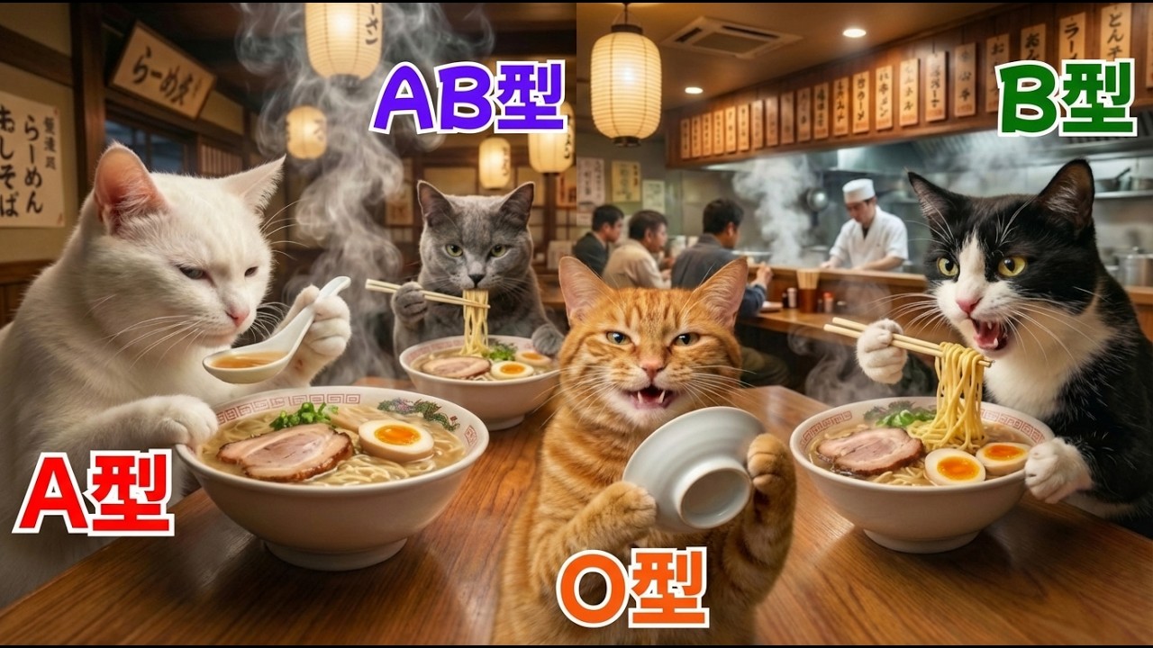 【血液型あるある】AI猫たちのラーメンの食べ方がカオスすぎたｗｗ 性格が出すぎて爆笑！！🍜🐾【こむぎの猫】
