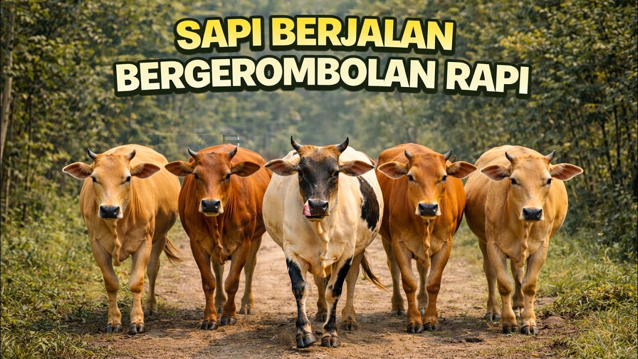 Ratusan sapi lembu jinak berjalan bergerombolan rapi melewati hutan menuju padang rumput, Suara moo