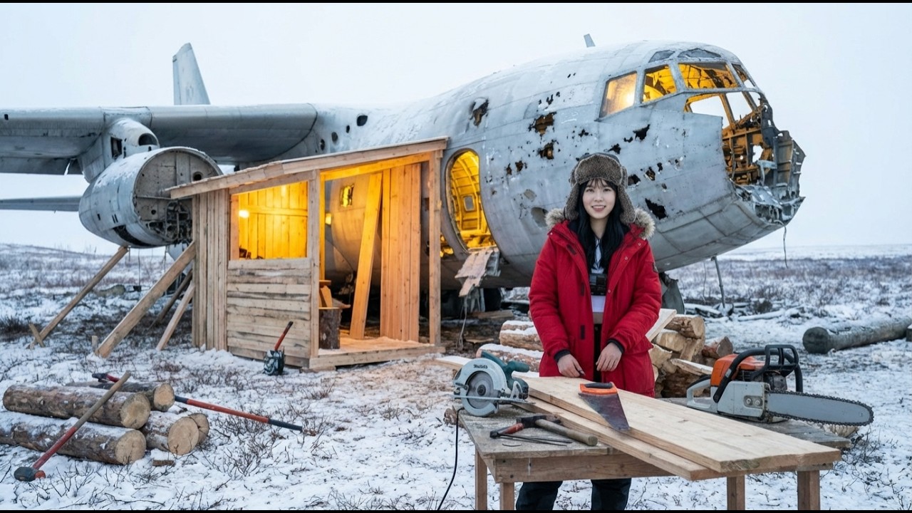 Building a Hardwood Deck (ASMR) a Wrecked Ilyushin Il 76 at −15°C Arctic Tundra ASMR Survival