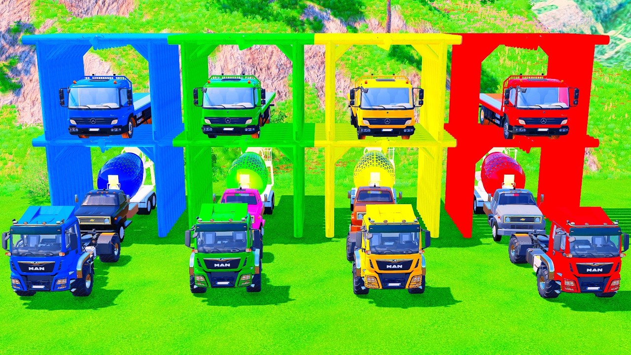 HEAVY HAUL - GIANT MIXER TRUCKS MEET DOUBLE FLATBED TRAILER CHALLENGE, MERCEDES, VOLVO, KAMAZ #13