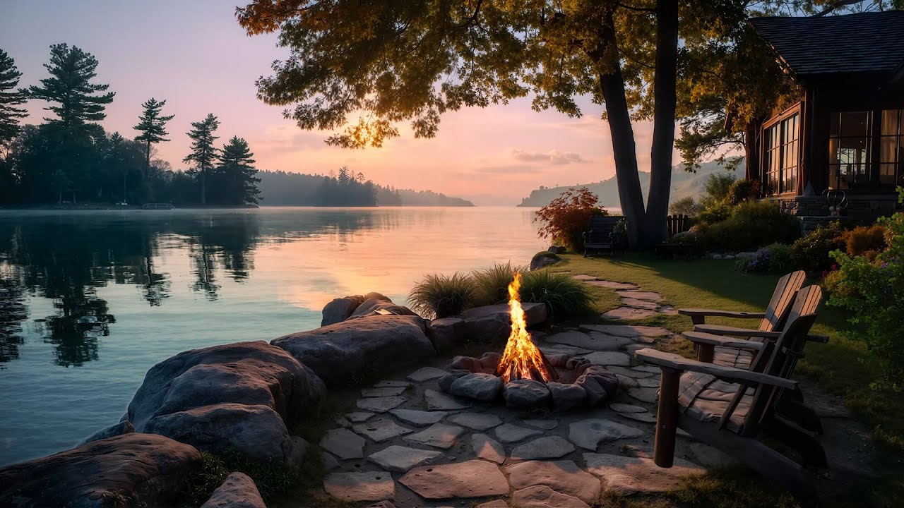 Relaxing by The Lake with Nature Sounds | Fire Pit and Birdsongs help to Relaxation