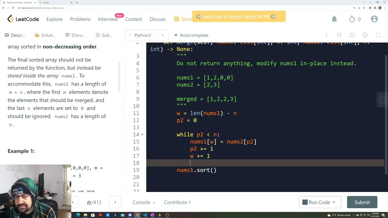 Optimal Merge Sorted Array Solution With Triple pointers | Leet Code Problem 88