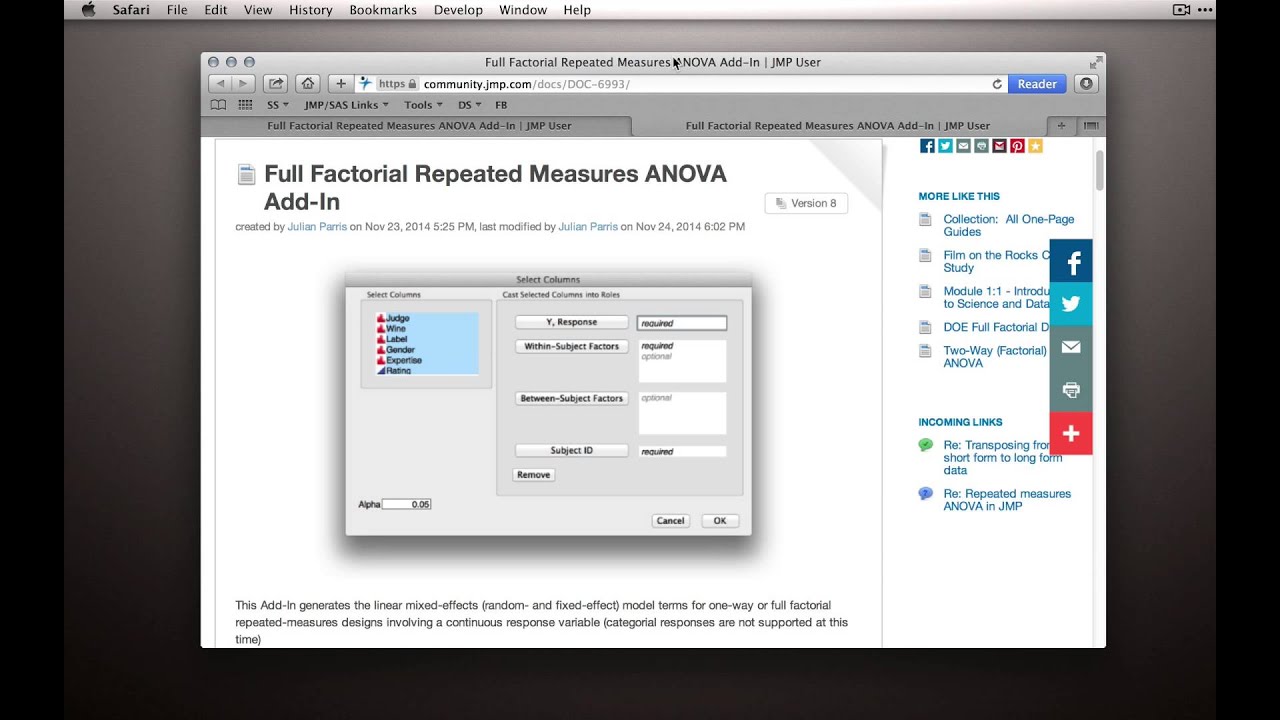 Using the JMP Repeated Measures Add-In for Factorial Repeated Measures (setup) (Module 2 9 2)