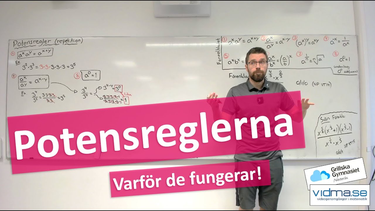 Matematik 1 och 2. POTENSREGLERNA (ALLA!). Varför de fungerar, samt flera exempel!