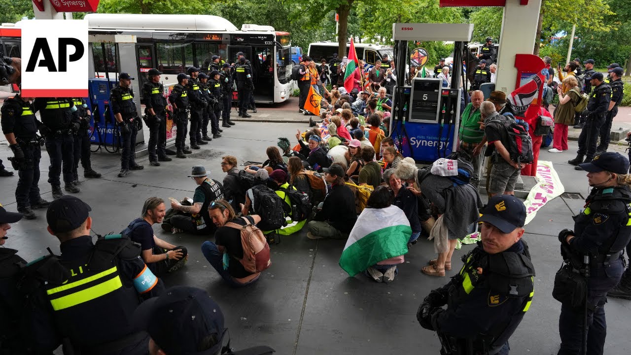 Police detain protesters in the Hague during sit-down NATO protest