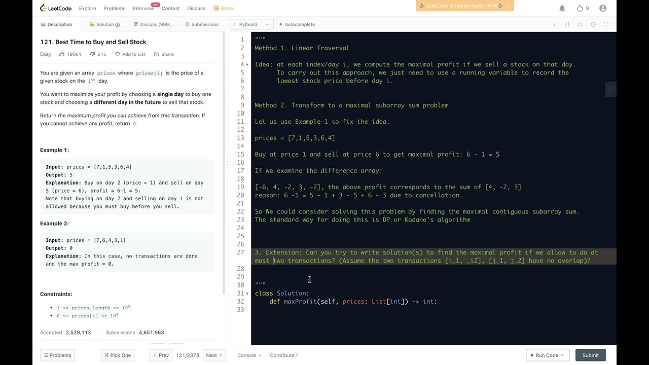 Leetcode 121. Best Time to Buy and Sell Stock - 2 solutions: 1. linear traversal; 2. dp/Kadane's alg