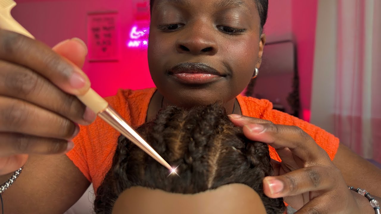 ASMR Scalp Scratching Between Braids 💆🏾‍♀️ (scalp oiling, rubber bands, thick hair)
