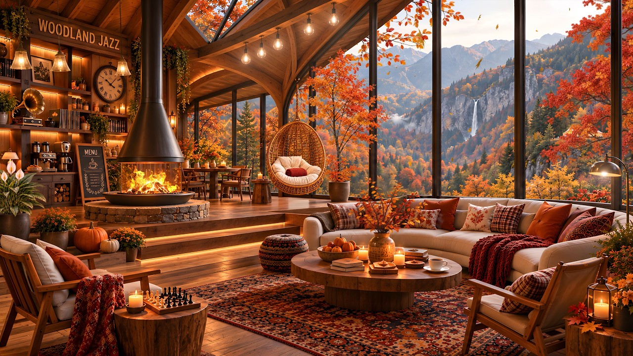 (NO ADS) Cozy Autumn Mountain Caf&eacute; | Relaxing Jazz & Fireplace Ambience for Work, Study & Relaxation