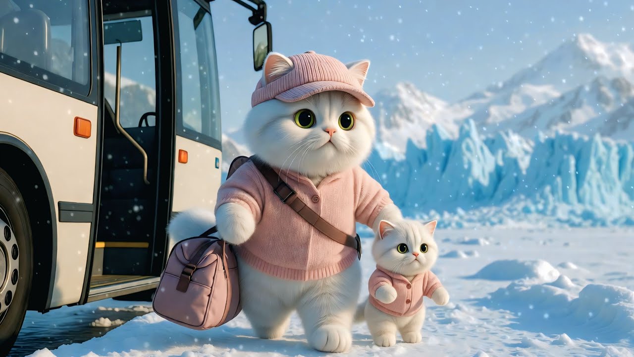 Mother Cat and Kitten’s Winter Glacier Adventure ❄️🐱💗