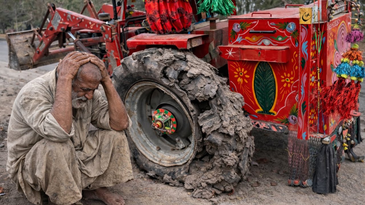 The Large TYRE Of a Moving Tractor Suddenly Burst, and it was Immediately Repaired