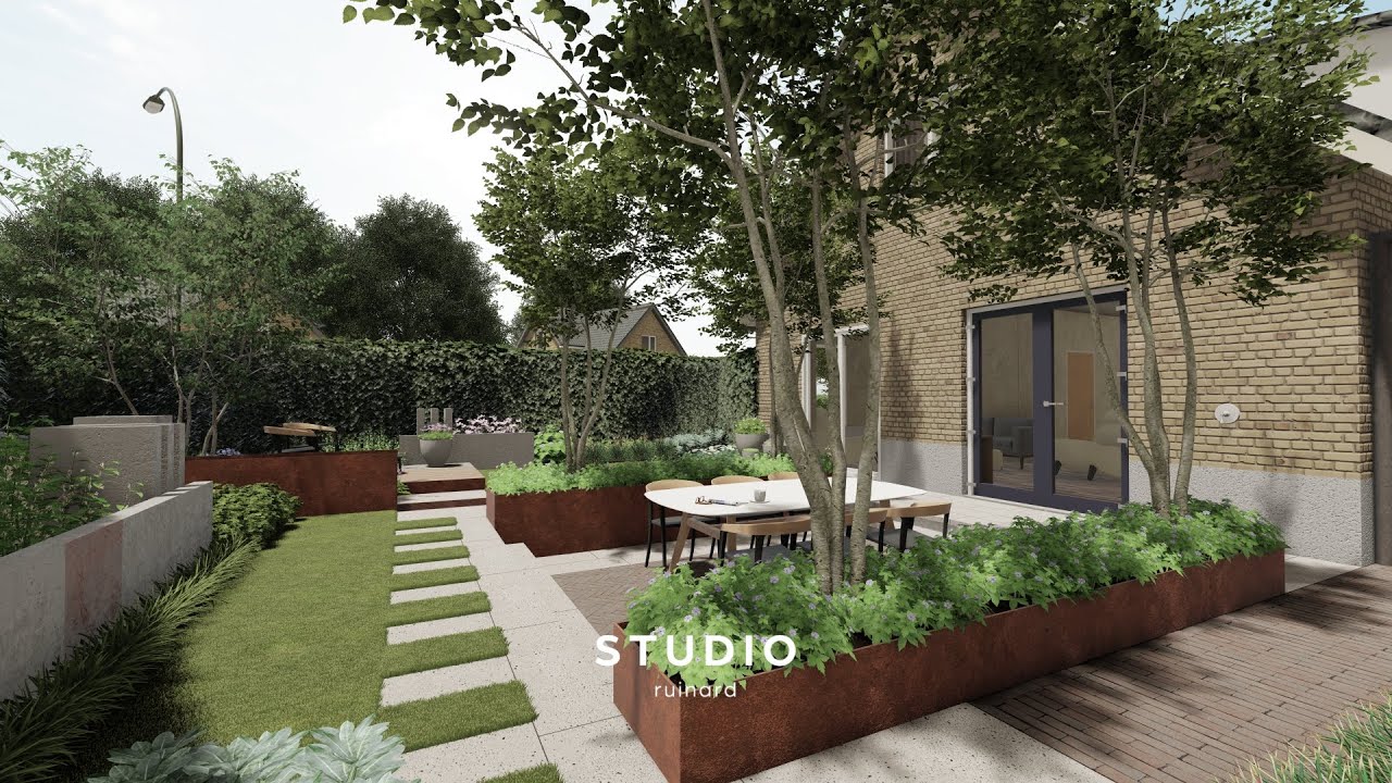 Studio Ruinard | 3D Tuinontwerp | Sculpted Serenity | Moderne tuin met cortenstalen elementen