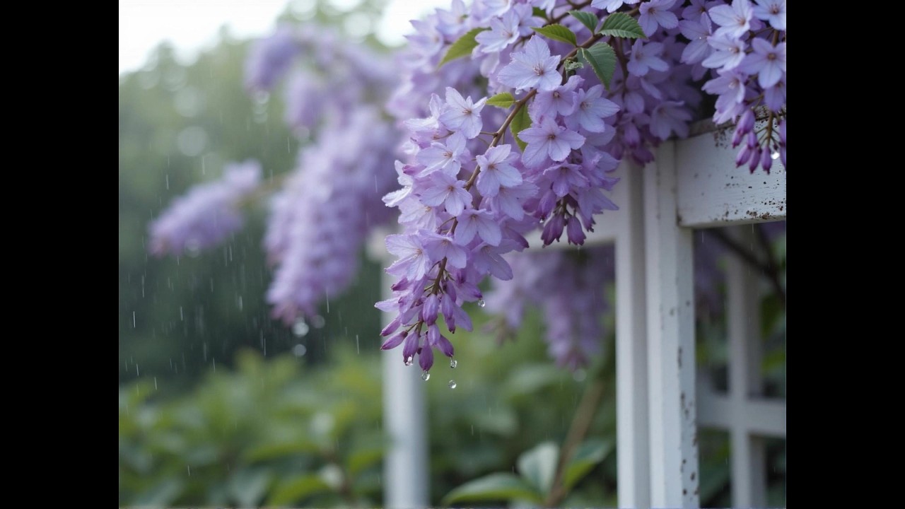4K Relaxing Rain on Wisteria Flowers • 1 Hour Gentle Rain Sounds for Sleeping & Study