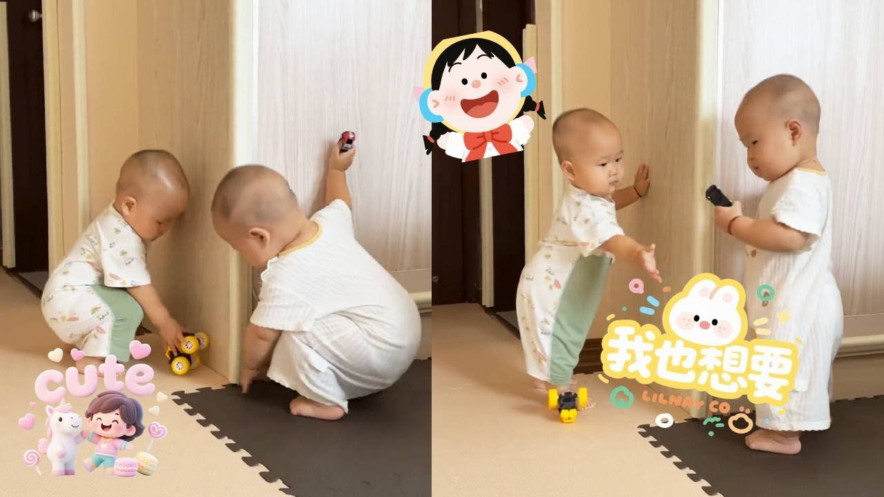 【超萌双胞胎】大胖二胖站都站不稳，却执着地要对方手里的玩具，妈妈笑翻：”这'塑料兄弟情'太真实了！”