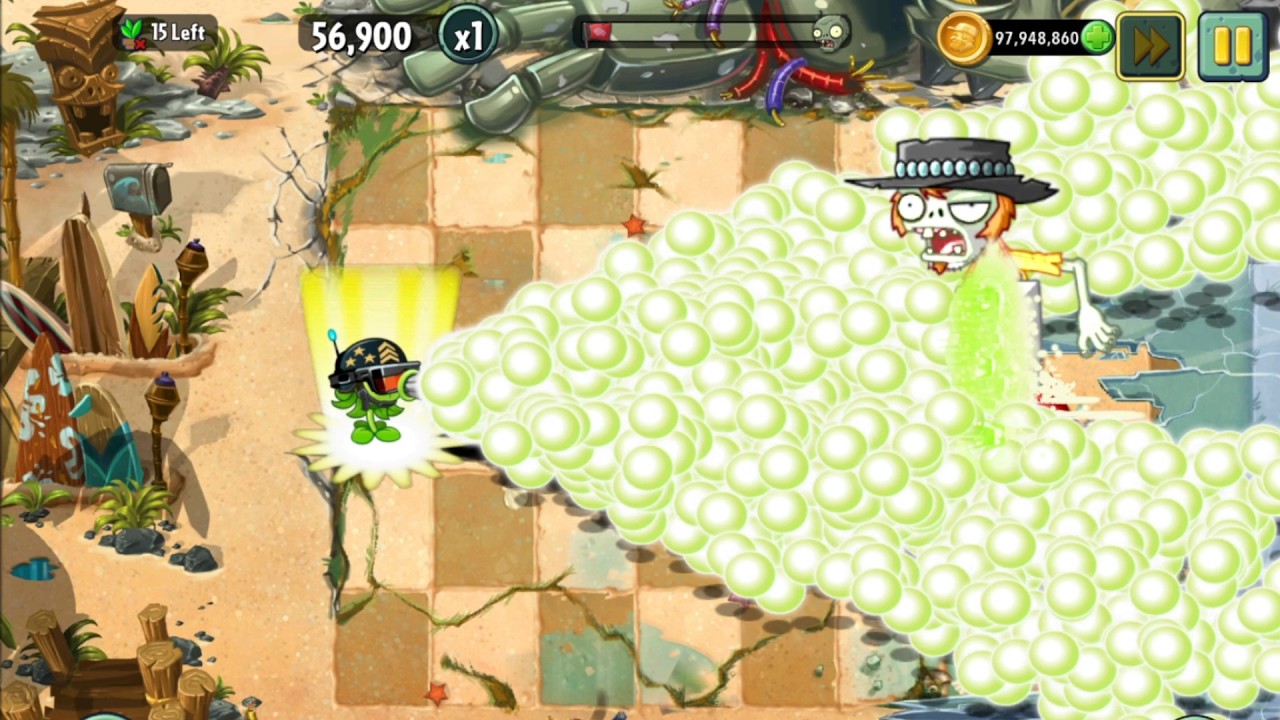 PvZ 2 Challenge - All Pea and Old Plants use 5 Power Up Vs Poncho Zombie Level 20