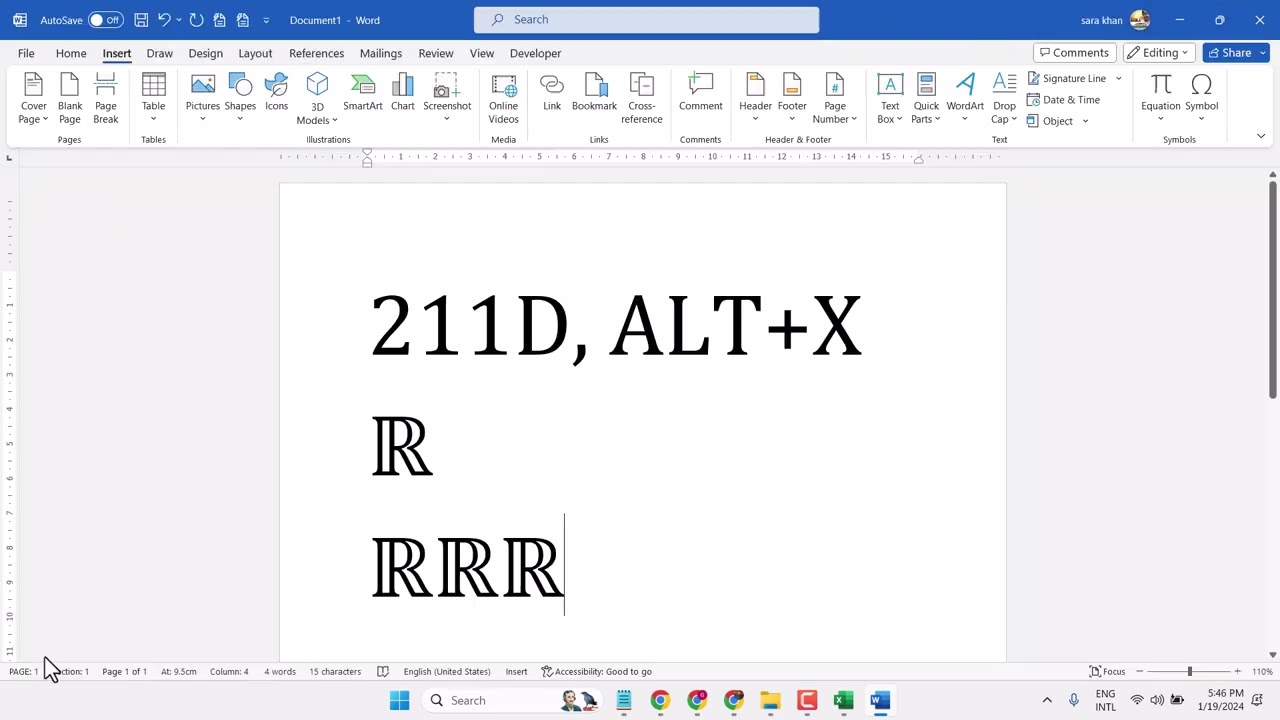 How to type set of real numbers symbol in Word