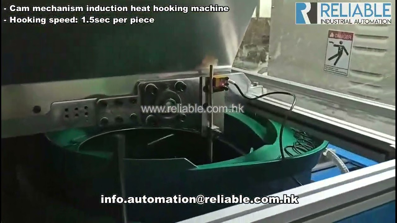 Cam mechanism induction heat hanger hooking machine