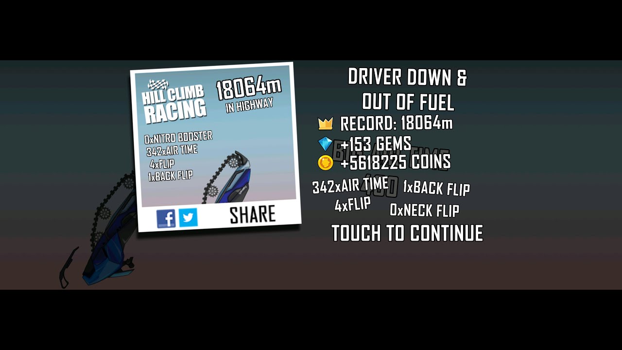 Hill Climb Racing: 18064m in Highway on Snow Mobile (no boosters, no pets)