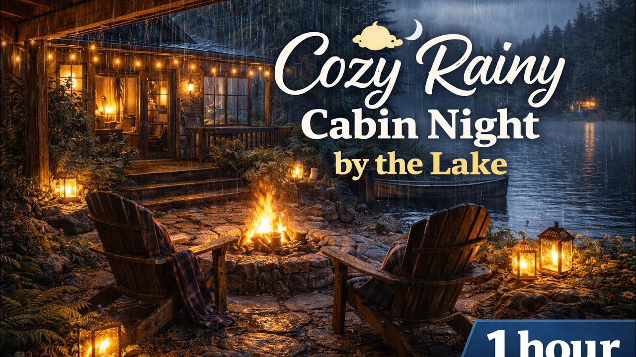 Cozy Rainy Cabin Night by the Lake 🌧️🔥 Crackling Fire & Relaxing Rain Sounds (1 Hour)