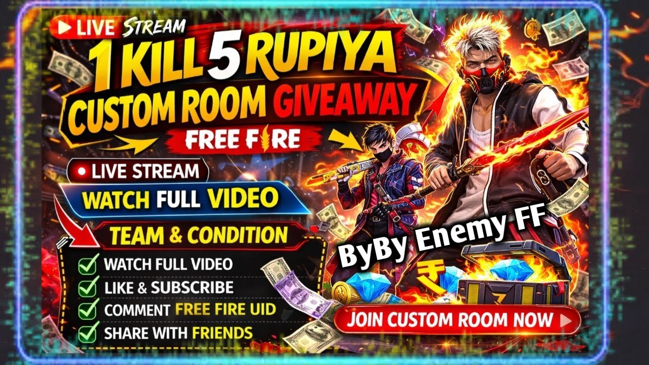 1 KILL 5 ₹ 💰 CUSTOM ROOM CHALLENGE 🔥 LIVE STREAM 🔥  JOIN NOW 🎮  Tearm & Candition@BYBYENEMYFF