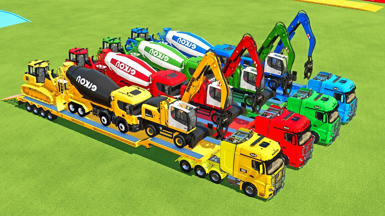 TRANSPORTING EXCAVATOR, MIXER TRUCK, BULLDOZER, POLICE CARS TO GARAGE WITH MAN TRUCK - FS22