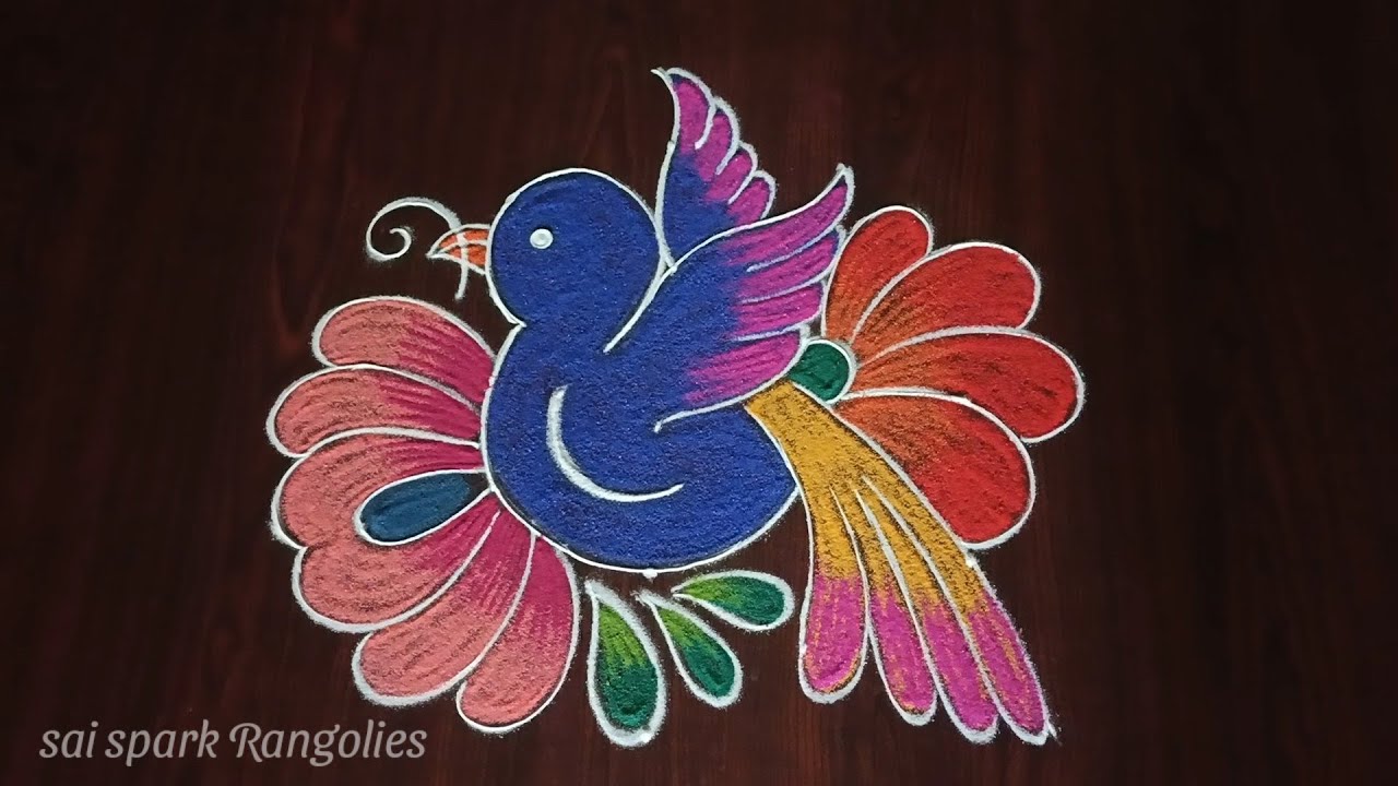 beautiful bird rangoli (5*3) dots | flower rangoli | colour kolangal @saisparkrangolies