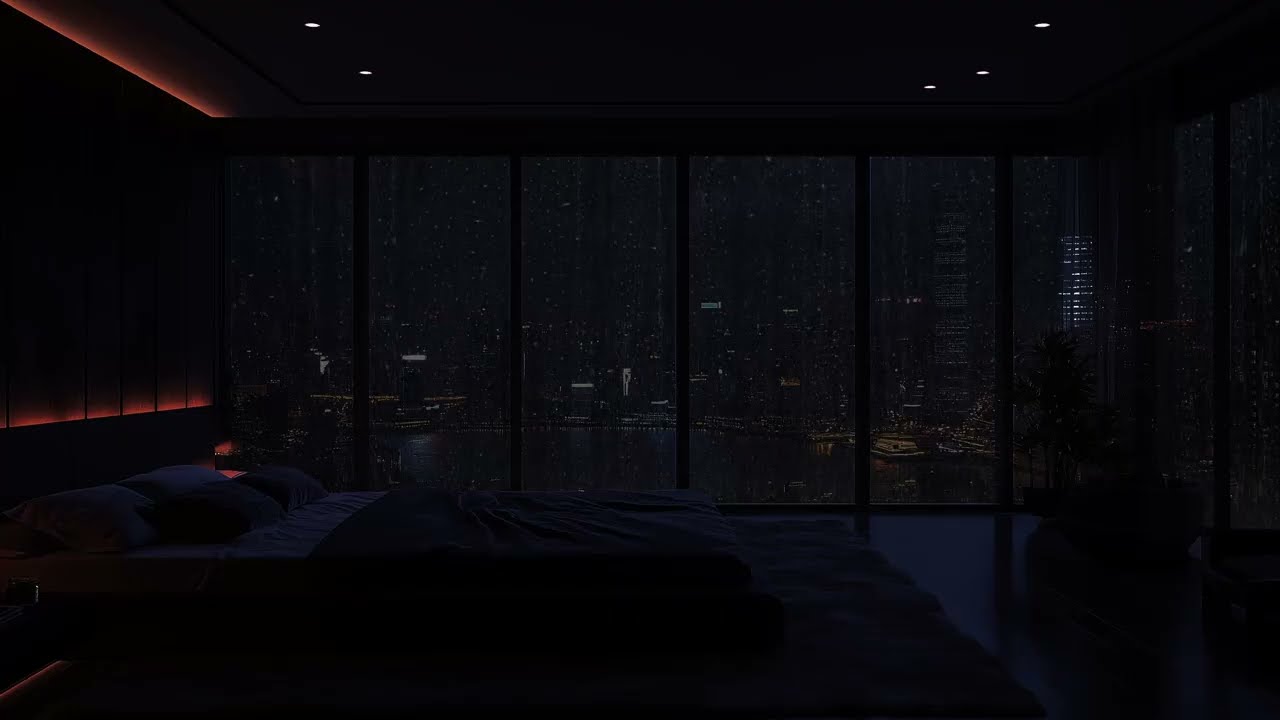 Rainy Night Rainstorm in a Dark Manhattan Bedroom (No Ads) | Soft Rain Sounds for Sleep & Focus🌇🌨
