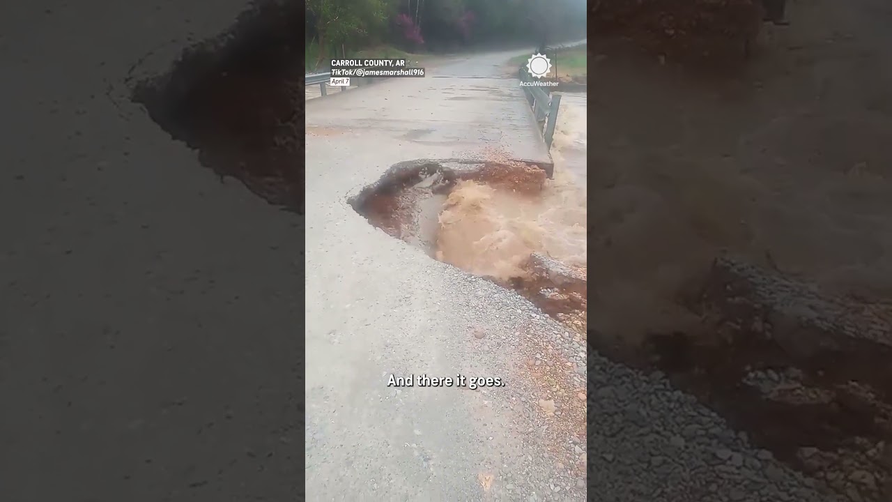 Road Gives Way in Arkansas Flooding