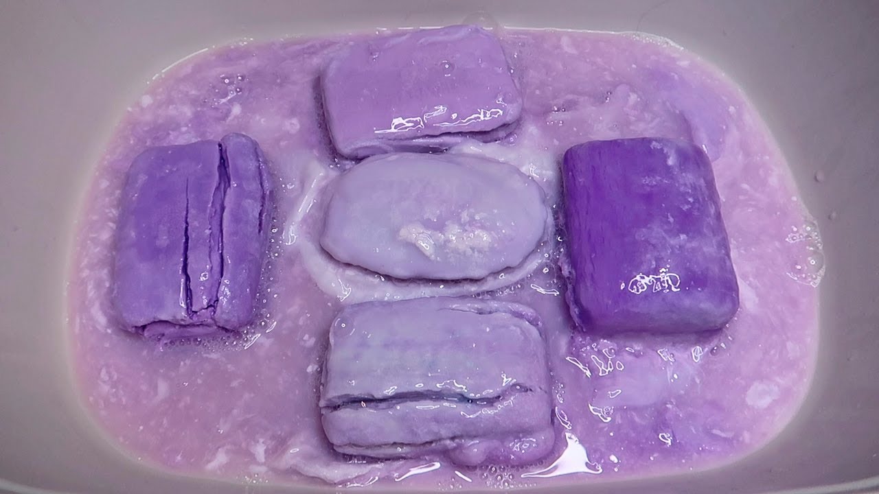 ASMR PURPLE Set of MUSHY SOAP and Sponge 💜 Soaked Soap 🤍 Sponge Squeezing