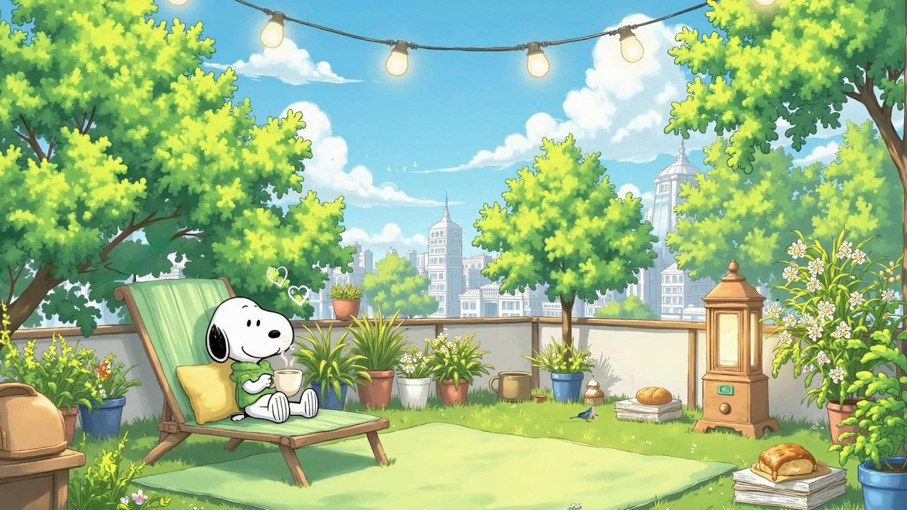 Snoopy’s Peaceful Terrace Morning ☕🌿 Chill Lofi Beats for Study, Focus & Rest
