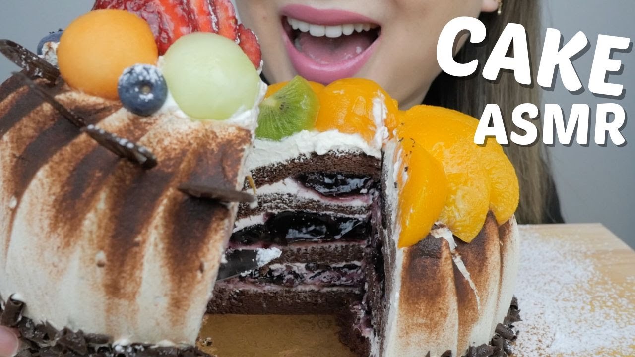 WHOLE Cherry Fruit Cake *ASMR Birthday Cake No Talking Soft Relaxing Eating Sounds | N.E Let's Eat