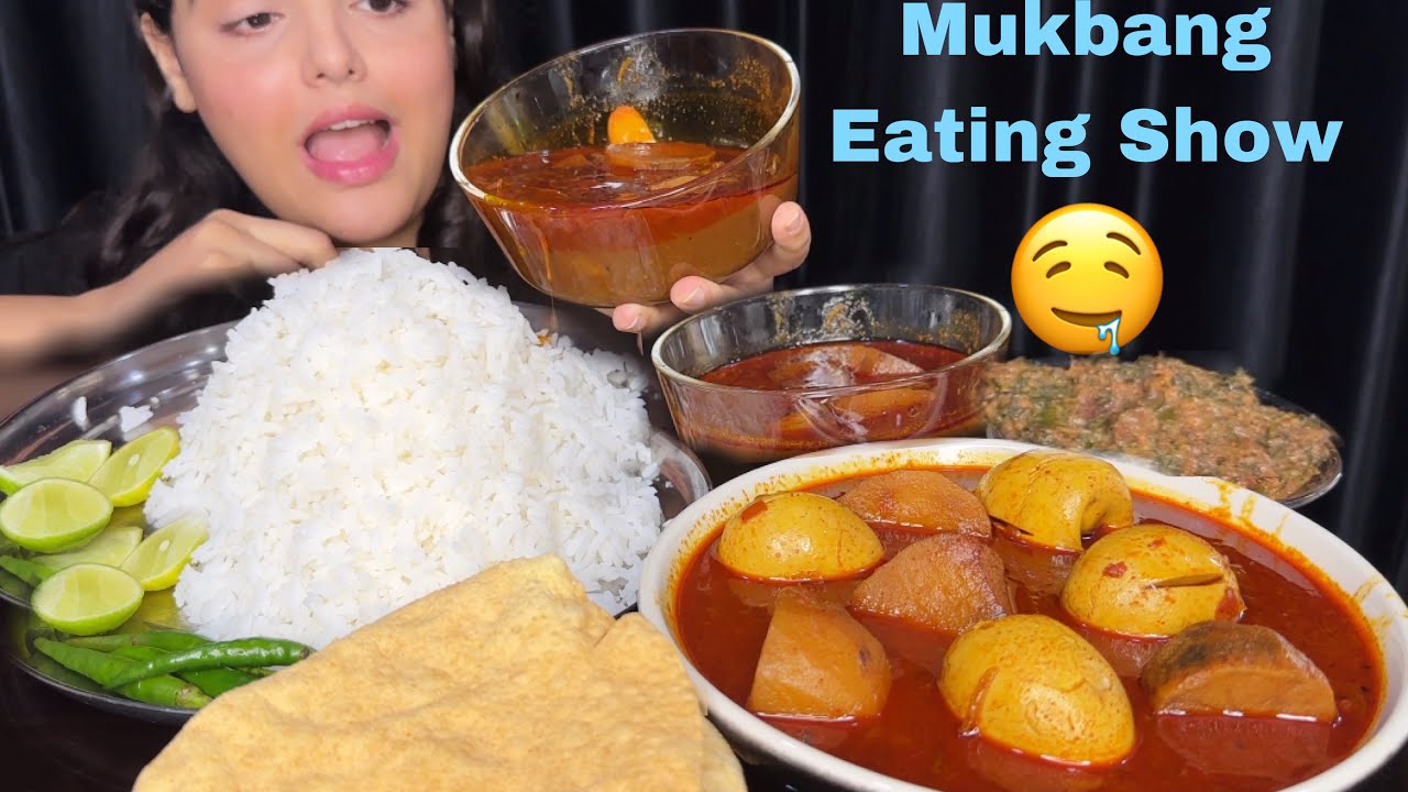 ASMR EATING Rice, Spicy Egg Curry, Lal Saag, Extra Gravy, Papad | Mukbang Eating Show