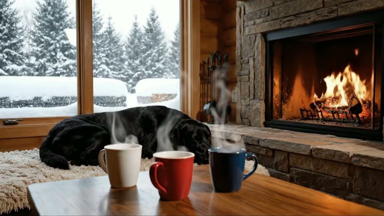 Beautiful Snow scene in a home with black sleeping lab