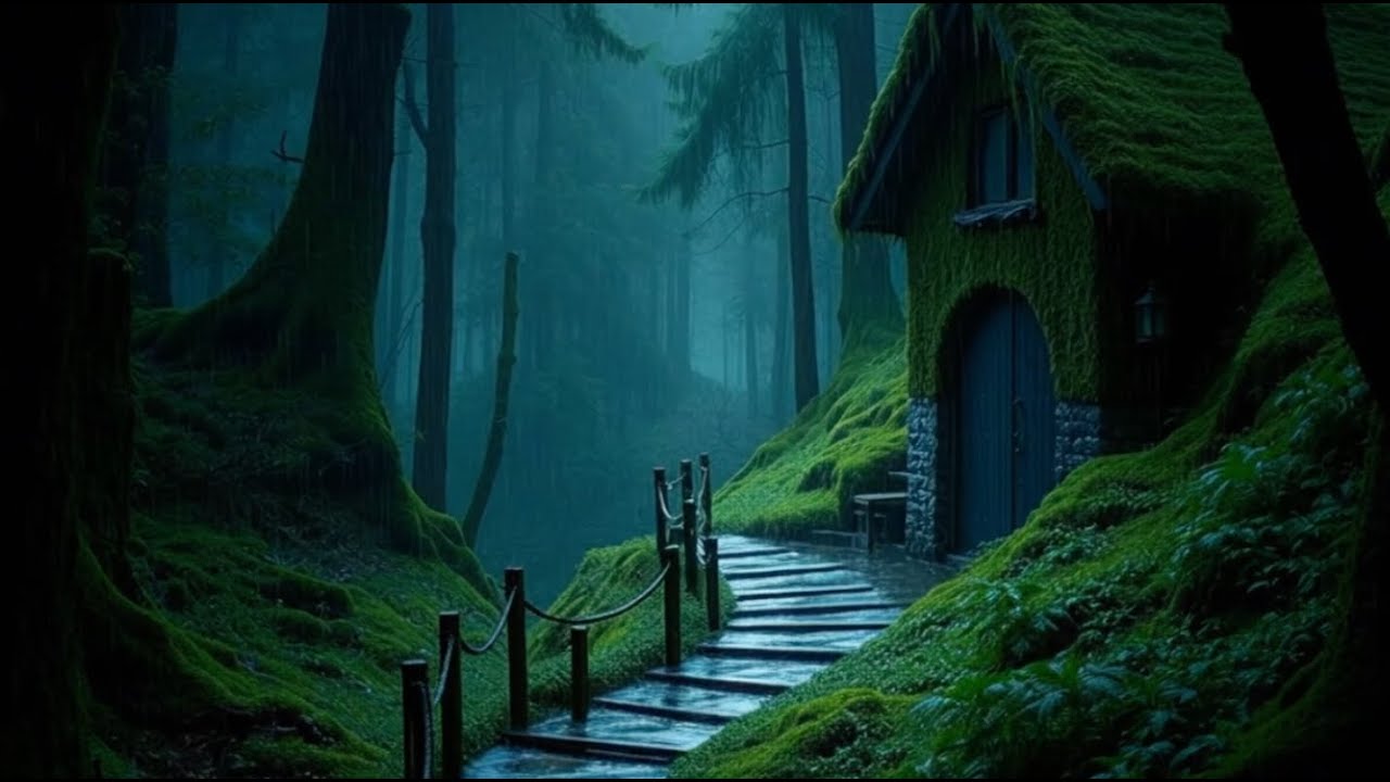Moonlit Moss Haven: Rainy Forest Abode with Winding Path 🌧️🌲🌕