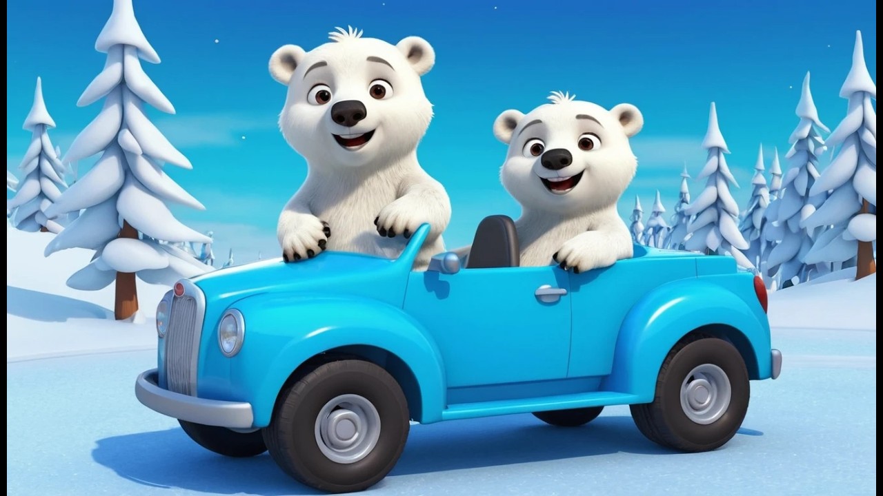 Un bebe ours polaire conduit une voiture