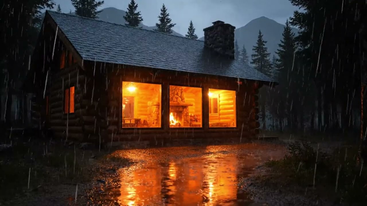 Rainy Night in a Cozy Cabin | Fireplace & Rain Sounds for Deep Sleep and Relaxation