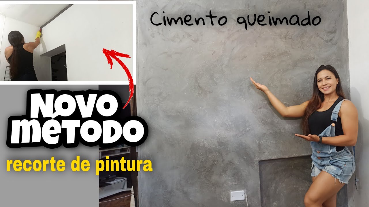 Parede estilo cimento queimado com nova técnica para fazer recorte de pintura. Fácil e barato.