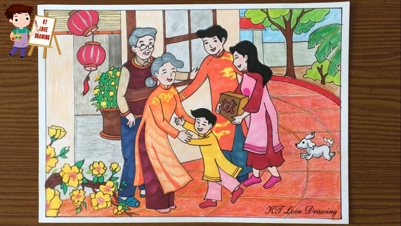 Vẽ tranh đề tài gia đình: Chúc Tết ông bà  | Vẽ ngày tết và mùa xuân | How to draw family