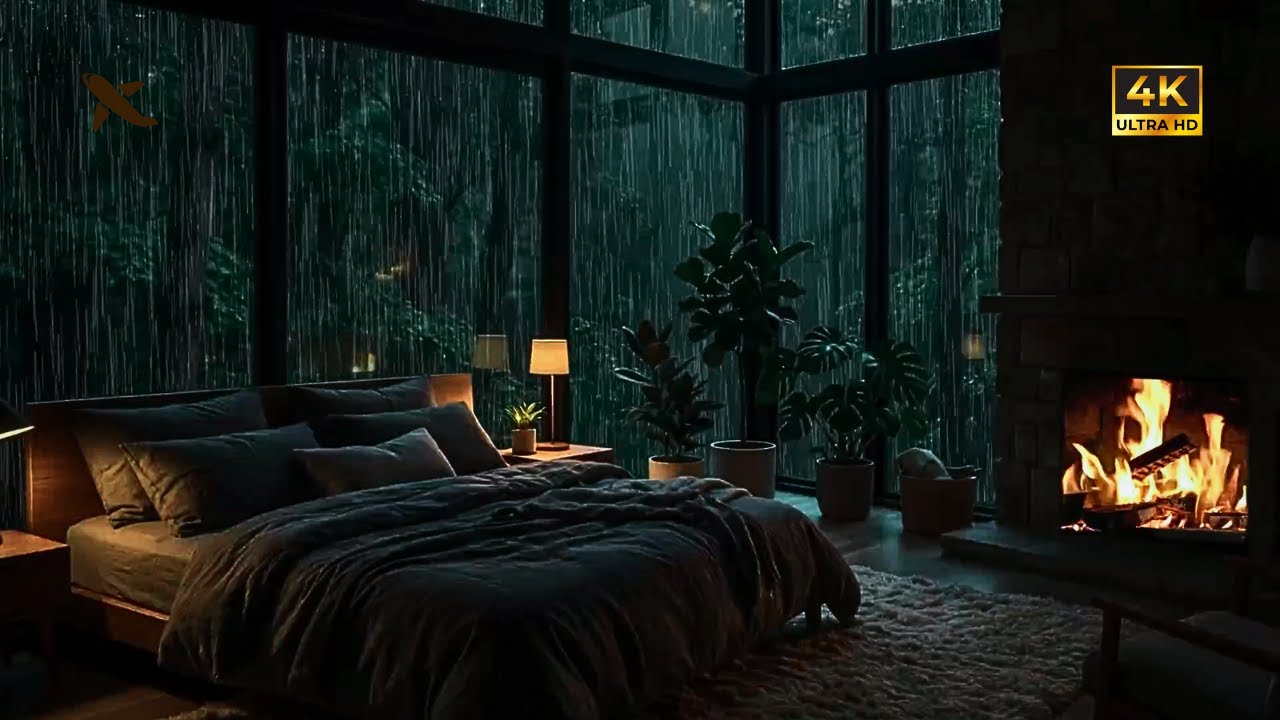 Gemütliches Schlafzimmer mit starkem Regen & Kaminfeuer | Cozy Bedroom Rain + Fireplace Ambience