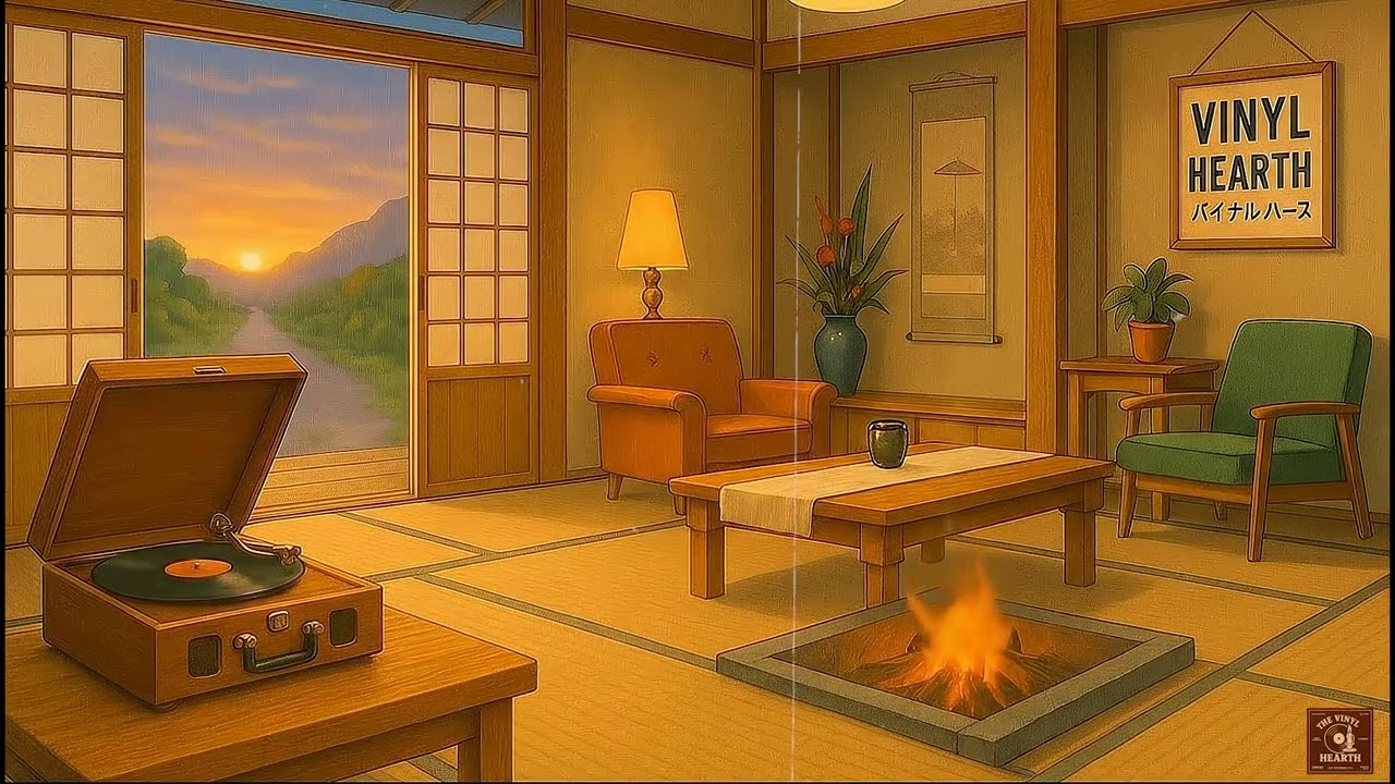 Vintage Japanese Vinyl Ambience | 1940s Old Songs, Rain, Sunset & Crackling Fire
