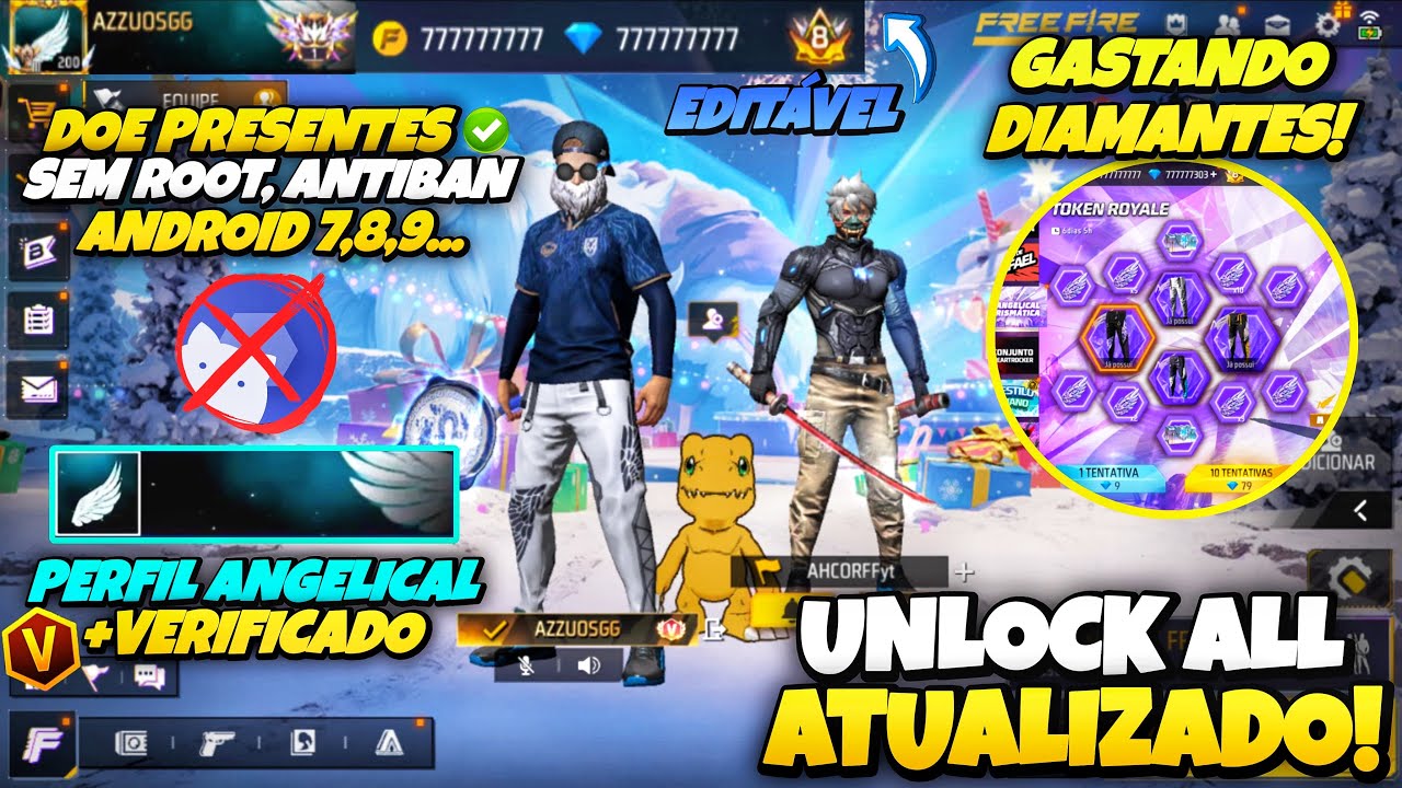 (ENVIE PRESENTES 🎁 ) COMO COLOCAR UNLOCK ALL NO FREE FIRE, ENTRANDO NA PARTIDA | LIBERS SKINS GRÁTIS