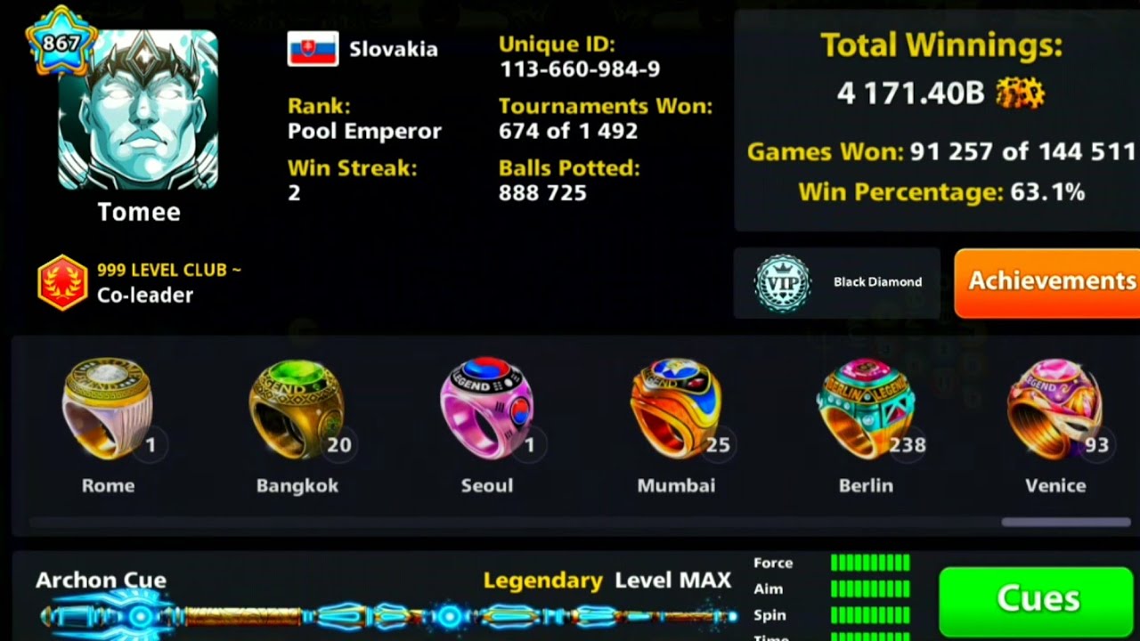 HIGHEST LEVEL (867) / FREE CUE - (8 ball pool)