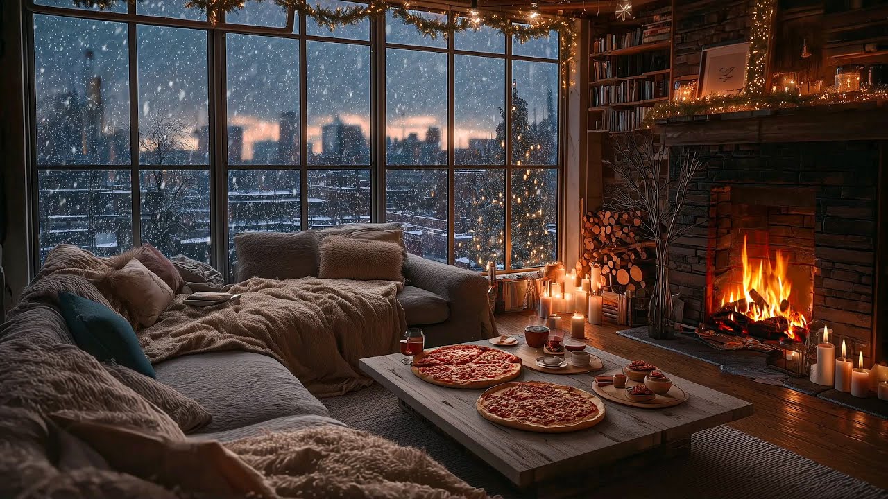Cozy Winter Living Room in Kyoto🛋️City Snowfall & Crackling Fire Sounds 🌃Deep Sleep/Reading Ambience