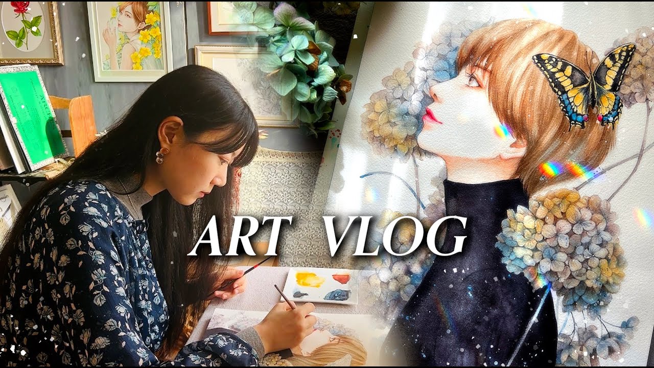 【Vlog🎨】画材紹介と透明水彩メイキング/クサカベ分離色ハルモニア/冬のアジサイと女の子のイラストメイキング/Relaxing Art Vlog