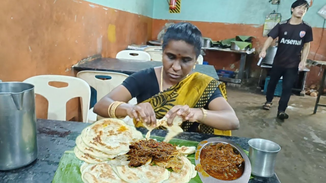 street food special unlimited Parotta with mutton curry hungry eating in hotel