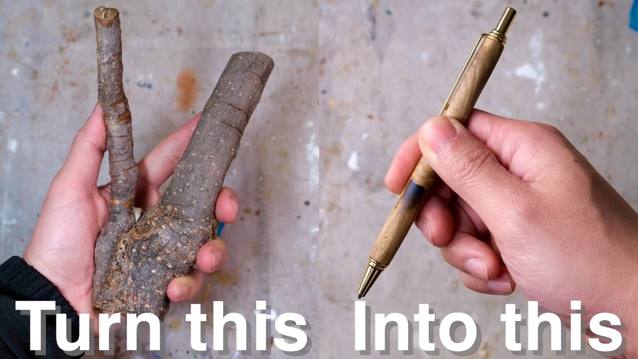 【木軸ぺん】枝からペンを作る Wood pen turning natural wood for mechanical pencil.